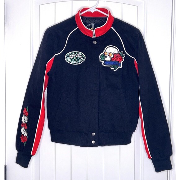 Red Fox Jeans Black Varsity Skull Bomber‎ Jacket NWT Medium